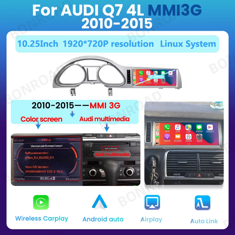 BONROAD 10.25 "Autoradiospeler Draadloze CarPlay Android Auto Multimedia Touchscreen Voor Audi Q7 4L 2005-2015 GPS Bluetooth 5.0