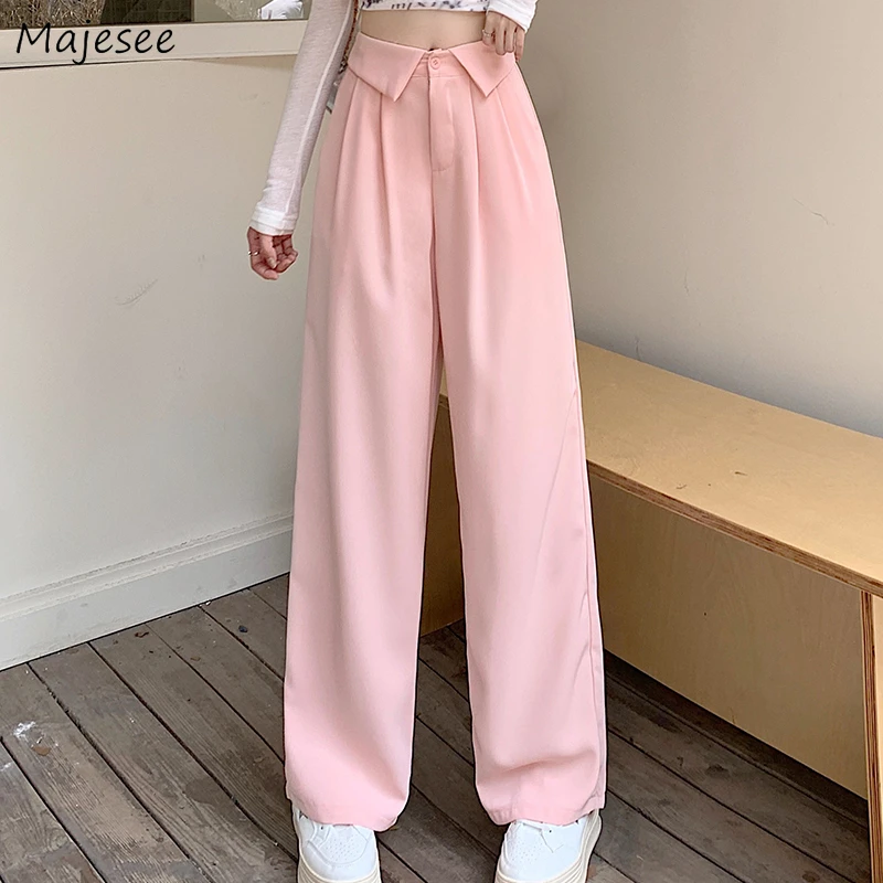 Casual Pants Women Pleated Pocket Loose Simple Solid Long Trousers All-match Female Button High Waist  Fall Newly Trendy