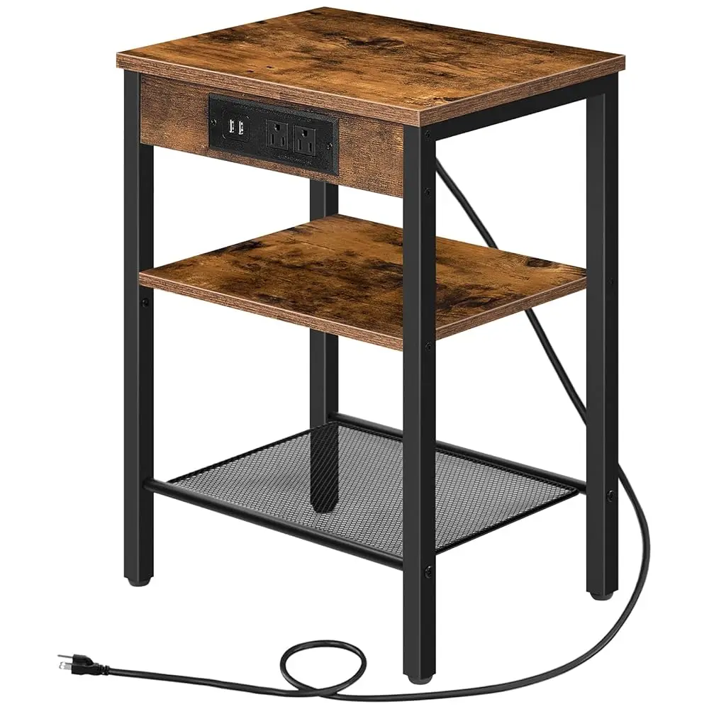 

End Table With Charging Station And Usb Ports, Small Side Table For Small Space, 3-Tier Nightstand With Adjustable Shelf, For