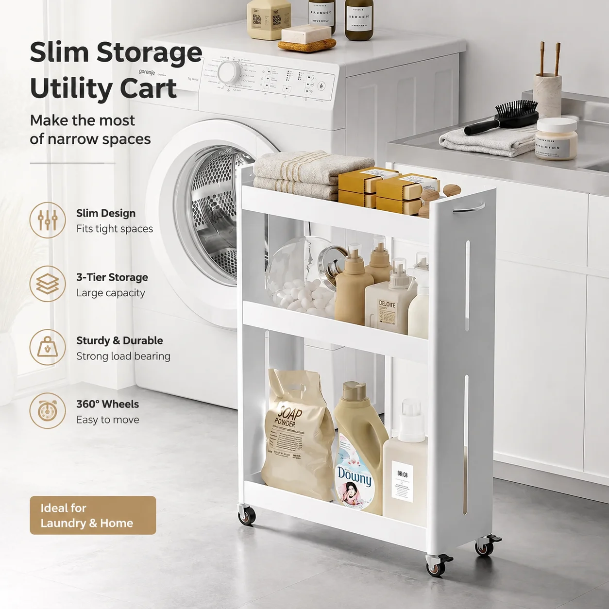 Narrow-Gap Laundry Storage Cart with Silent 360° Casters and Multi-Compartment Detergent Organizer