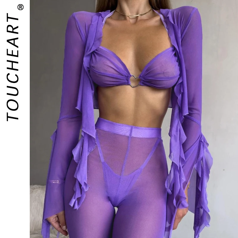 

Sexy Lingerie Suit Sexy Pure Tempting Perspective Spliced ​​ruffled Casual Mesh Pants for Women's Sexy Underwear Four-piece Set