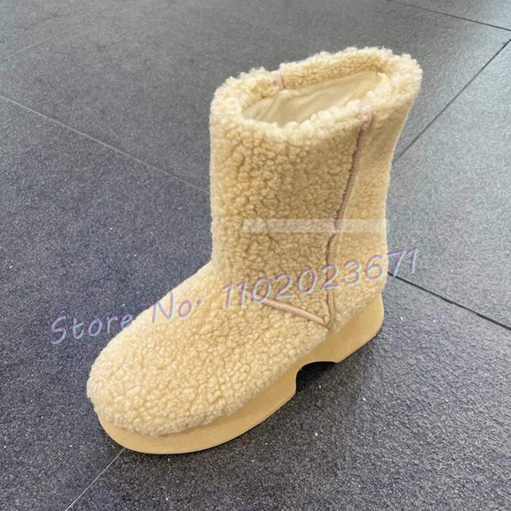 Beige Platform Wool Ankle Boots Women Trends Outfit Winter Warm Slouch Snow Shoes Female Haute Round Tip Luxury Pull On Boots