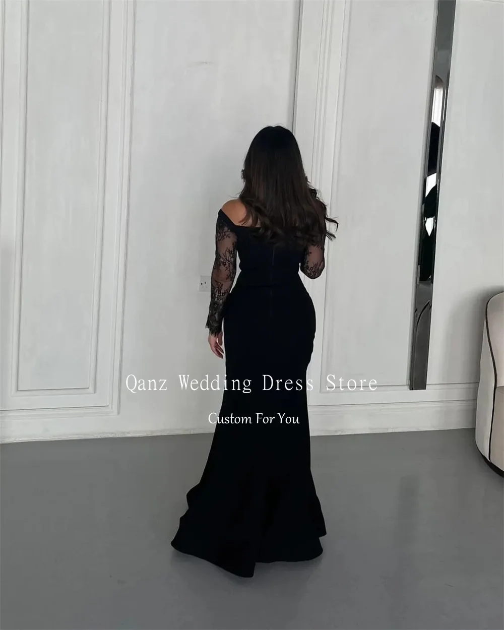 Qanz Saudi Arabia Evening Dresses Mermaid Long Sleeves Lace Black Vestidos De Fiestas Mujer Vintage Satin Party Gowns Customized