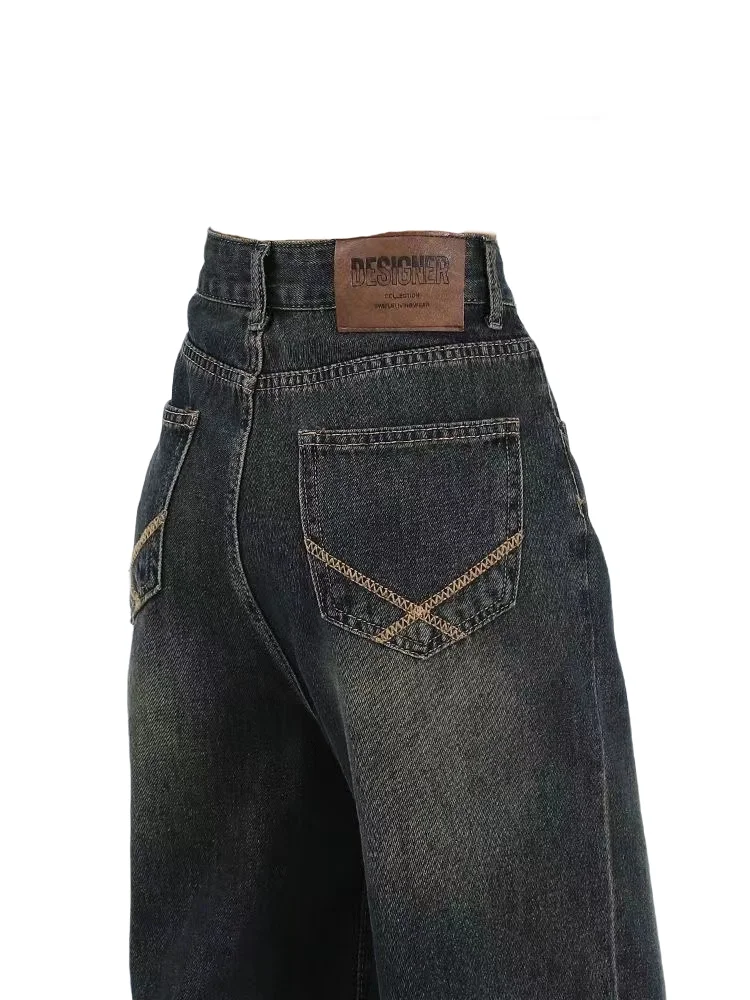 

High Waist Wide Leg Straight Cut Denim Jeans Women's Vintage Washed Deep Color American High Street Style Spring Autumn