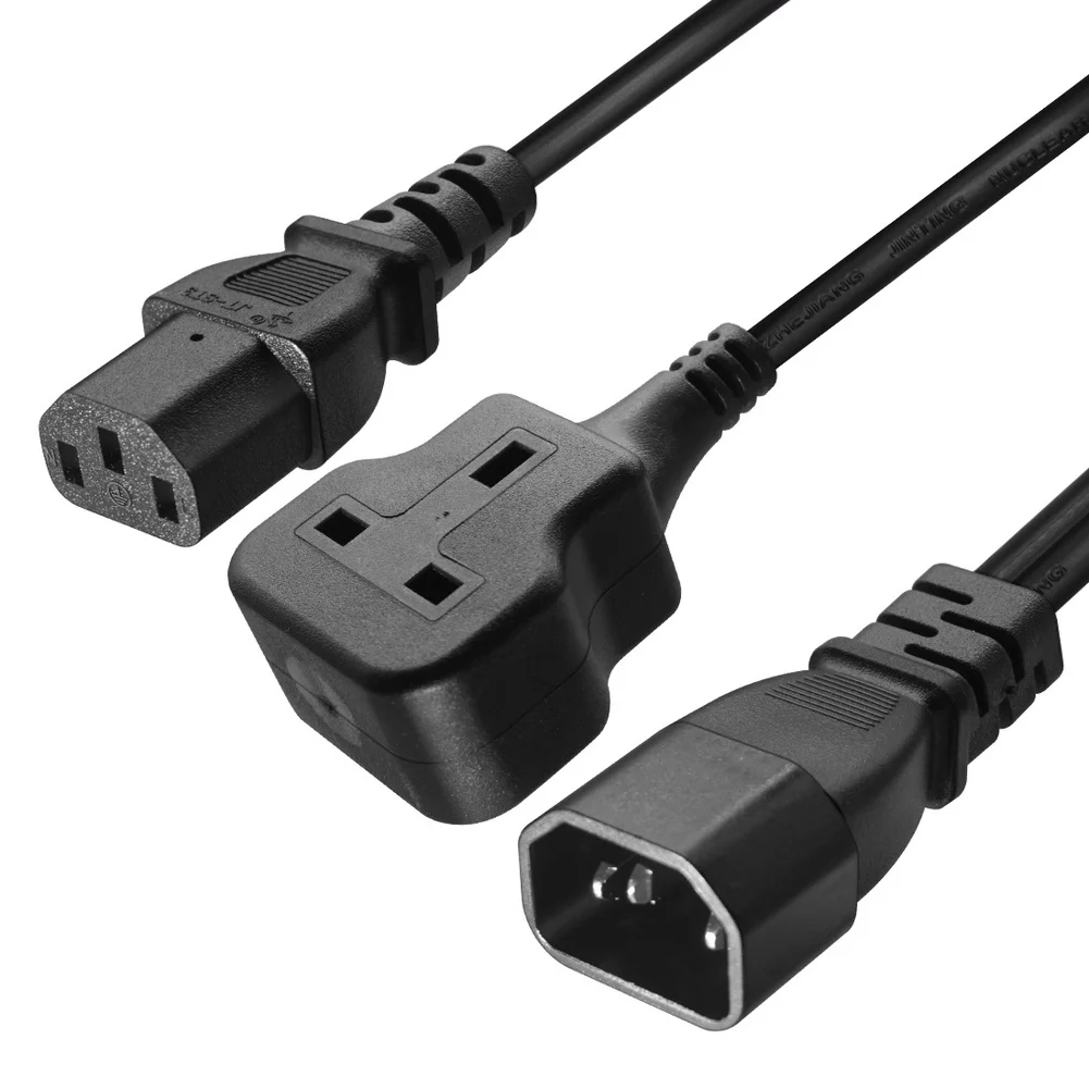 C14 to C13 UK Power Cable Splitter IEC Adapter for Computer Server PDU with Dual C13 Outputs and Integrated UK Socket