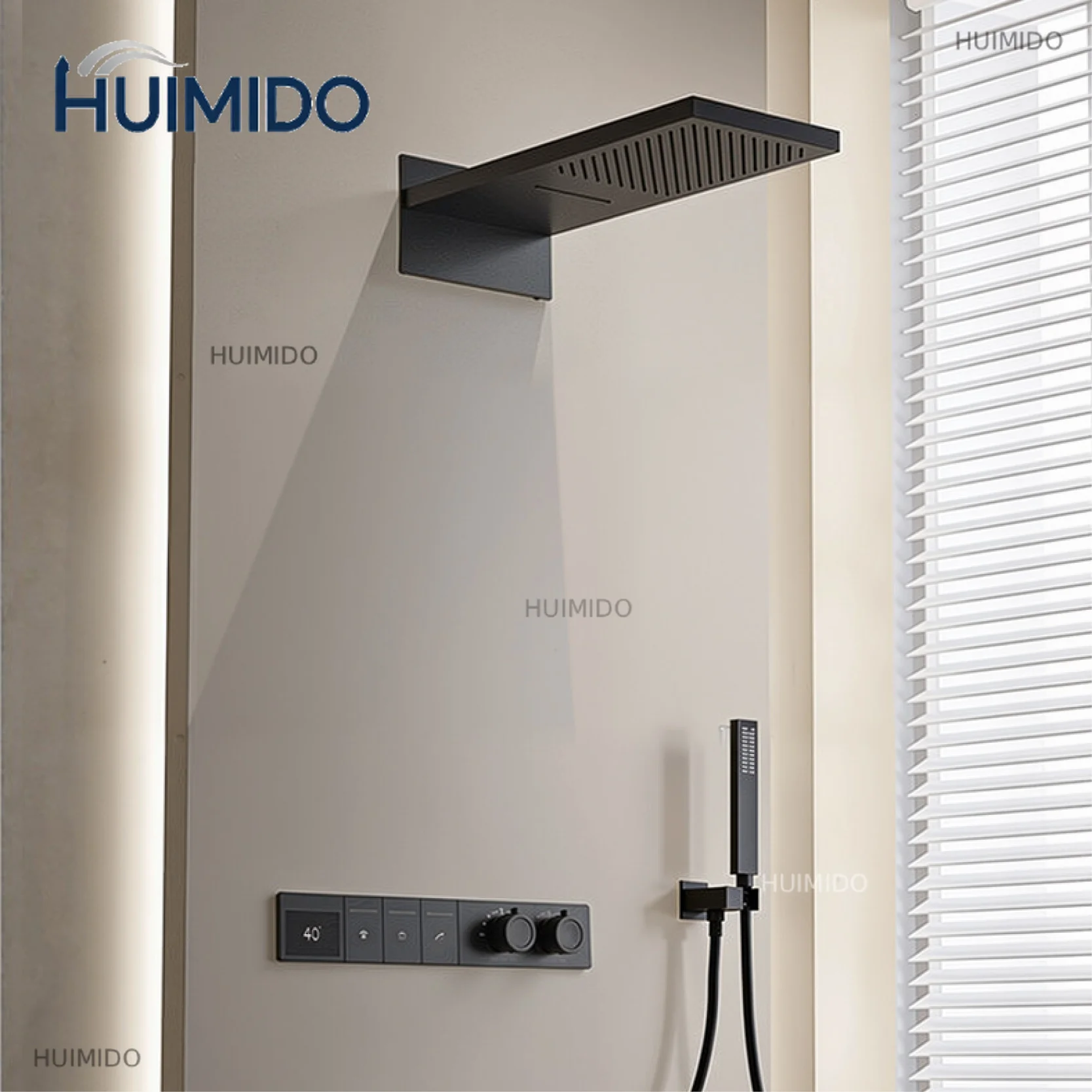 Gun Gray LED Digital Display Brass Shower System Hidden Ceiling Waterfall Constant Temperature Cold & Hot Water Bathroom Mixer