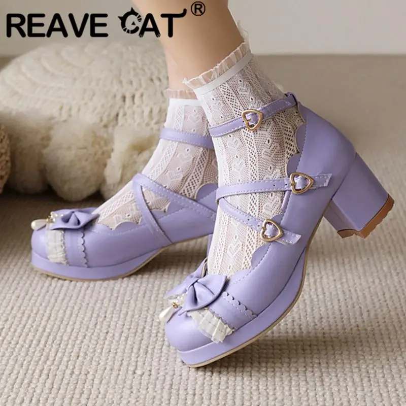 REAVE CAT Lolita Girls Pumps Round Toe Block Heels Platform Buckle Strap Bowknot Big Size 43 44 45 School Student Sweet Shoes 33