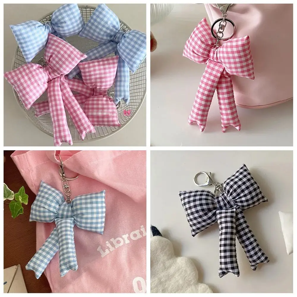 Backpack Pendant 3D Bowknot Keychain Pink Color Keyring Accessories Puff Grid Bowknot Keychain Cute Y2K