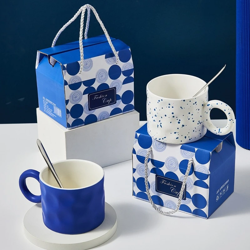 

Керамическая кофейная кружка 450 мл с ложкой, подарочная упаковка, фарфоровая кружка Klein Blue Splash Ink, чашка для завтрака, овсянка, праздничный подарок