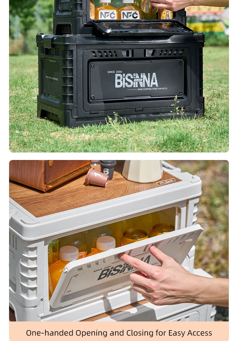 BISINNA Camping Box 30L/60L Large Capacity Folding Storage Box Car Trunk Wooden Lid Home Bedside Table for Outdoor Picnic Travel