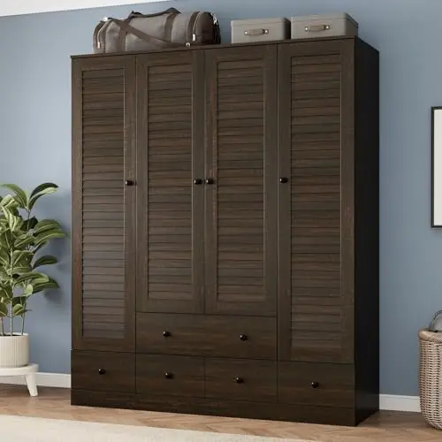 Almirah for Clothes, Tall Brown Bedroom Storage Wardrobe Closet Cabinet with Louvered Doors and Shelves, Large Wide