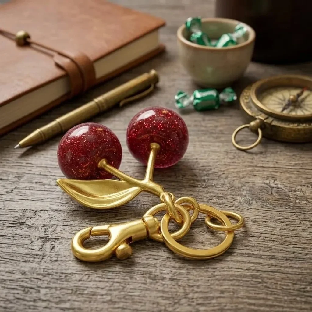 Cute Glitter Red Cherry Keychain Gold Leaf Hardware Bag Charm Sweet Fruit Key Ring Women Fashion Handbag Purse Car Key Accessory
