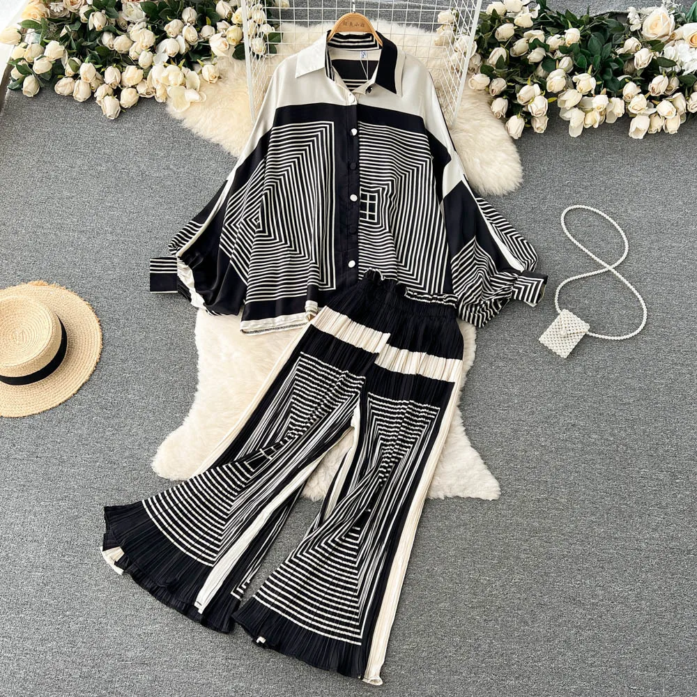 Fashion Women Pajamas 2-piece Sets Lantern Sleeve Printed Shirt Top + High Waist Casual Wide Leg Pants Two-piece Set Sleepwear