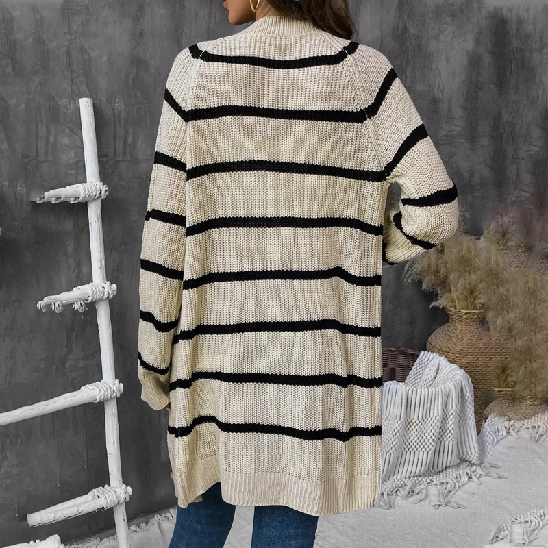 JIM & NORA Autumn new simple casual striped cardigan sweater fashion cross-border women's knitted cardigan top