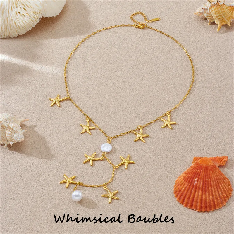 

New Y Shape 18k Pvd Gold Plated Tarnish Free Stainless Steel Starfish Pendant Necklace Ling Tassel Starfish Necklace for Women