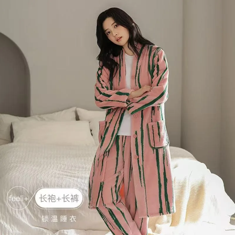 Women's Autumn and Winter Pajamas Set Can Be Worn Outside The Homewear Set New Warm with Fleece Thickened Flannel Coral Velvet