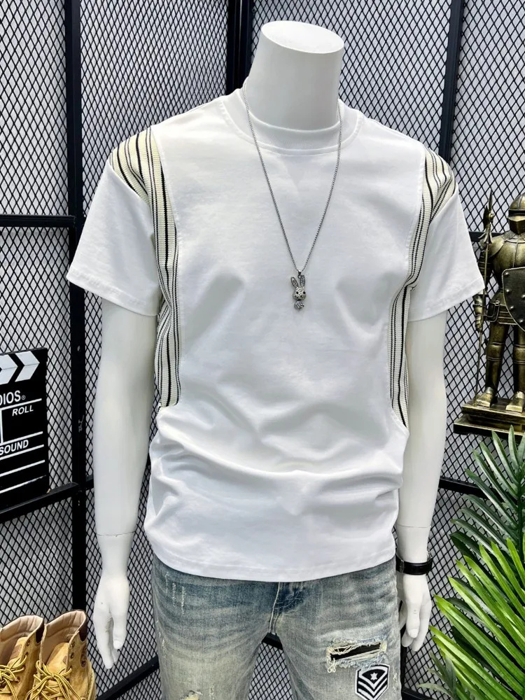 Fashion Male Summer High Street O Neck T-Shirt Casual Short Sleeve T-Shirt Striped Colors Panelled Pullover Tees Tops Loose Fit