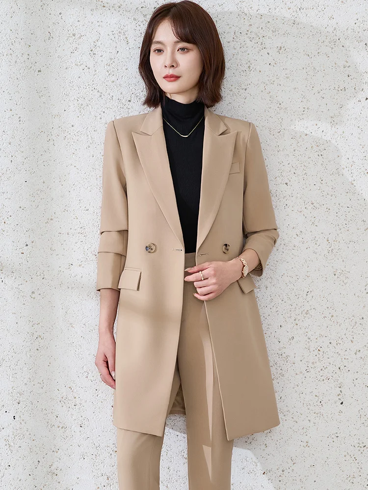 Khaki Mid-Length Ladies' Casual Style Korean Version Windbreaker Coat Set High-End Feel Spring Autumn Season Double-Breasted