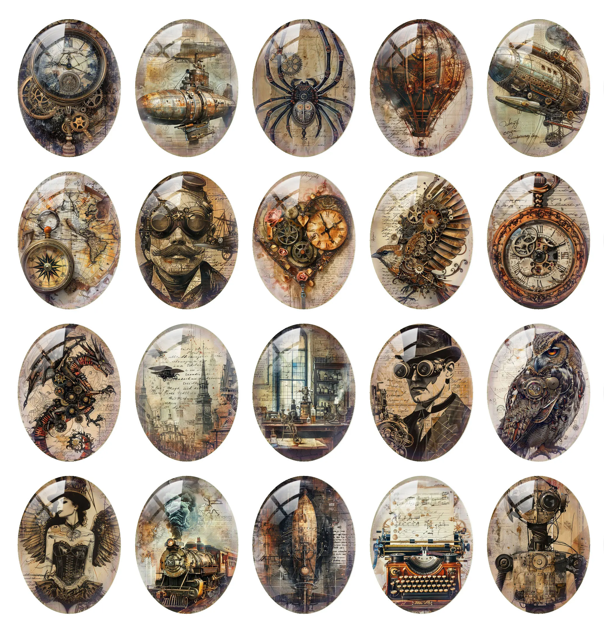 10pcs/lot Halloween Steampunk Gear Owl Spider Clock Dragon Oval Photo Glass Cabochon Flatback Demo Cameo For Diy Jewelry Making