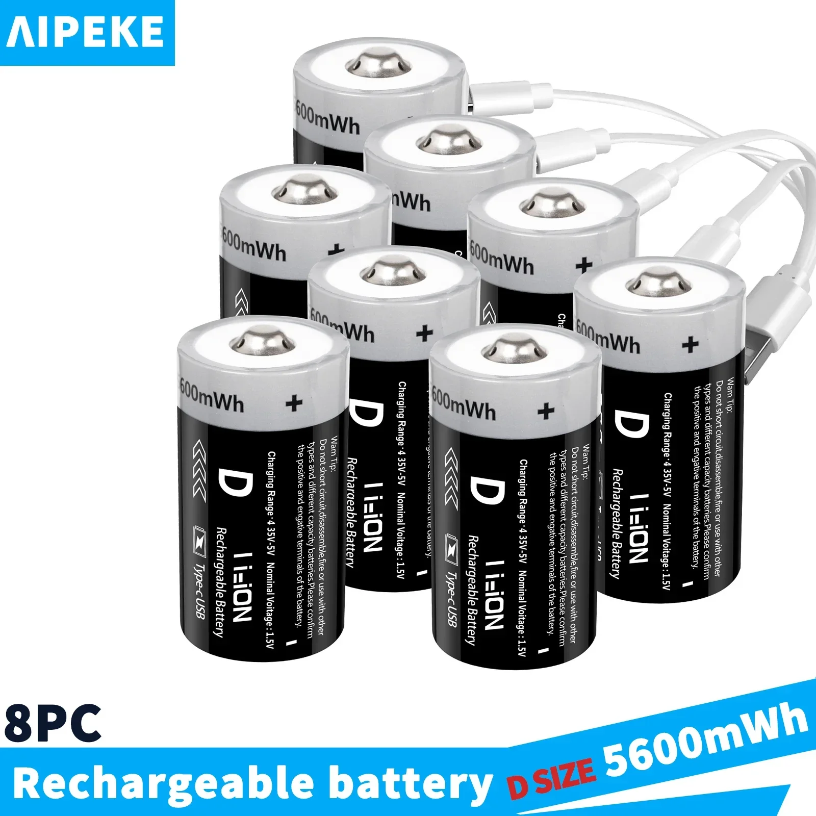 AIPEKE d-size USB 5600mwh Li-Ion rechargeable battery 1.5V for Gas Appiances Multi-Function safety protection for Natural Gas