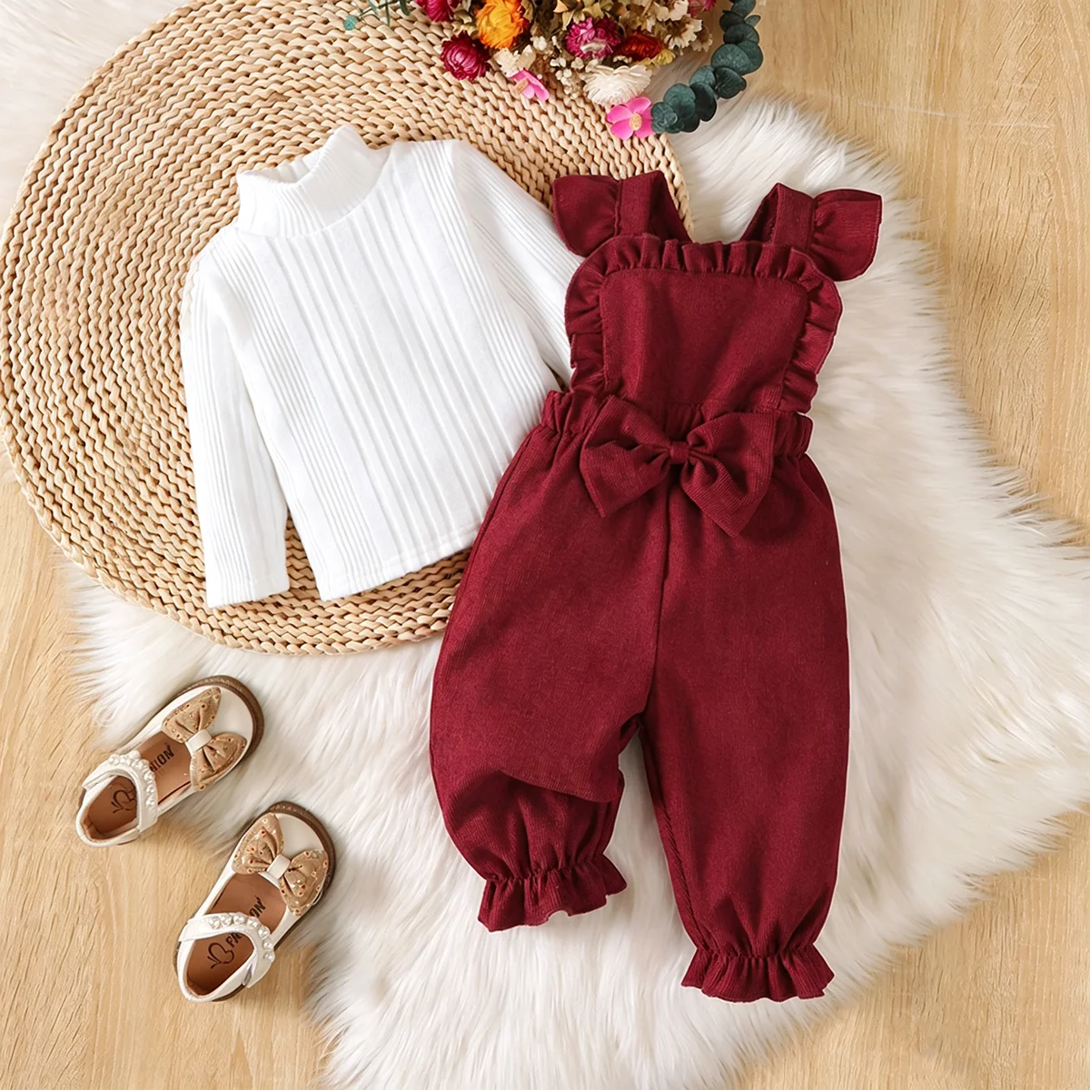 Baby Girl Young Child Set Small High Neck Top And Wine Red Bow Shoulder Strap Pants Suitable 0-2 Year Old Baby Girl New Year Set