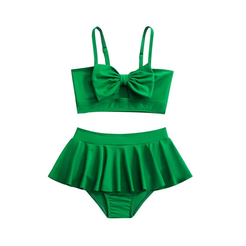 Girls Bow Bandeau Bikini Two Pieces Swimsuit Kids Ruffle Skirt Children\'s Swimwear 5-14 Years Teenager Bathing Suit Beach Wear