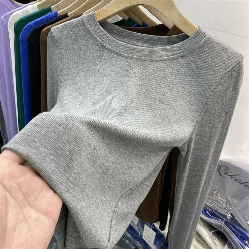 Fashionable Women's Long Sleeve Elastic Bottoming Shirt Draping Style Threaded T-Shirt Korean Version Slim Fit Classic Pattern