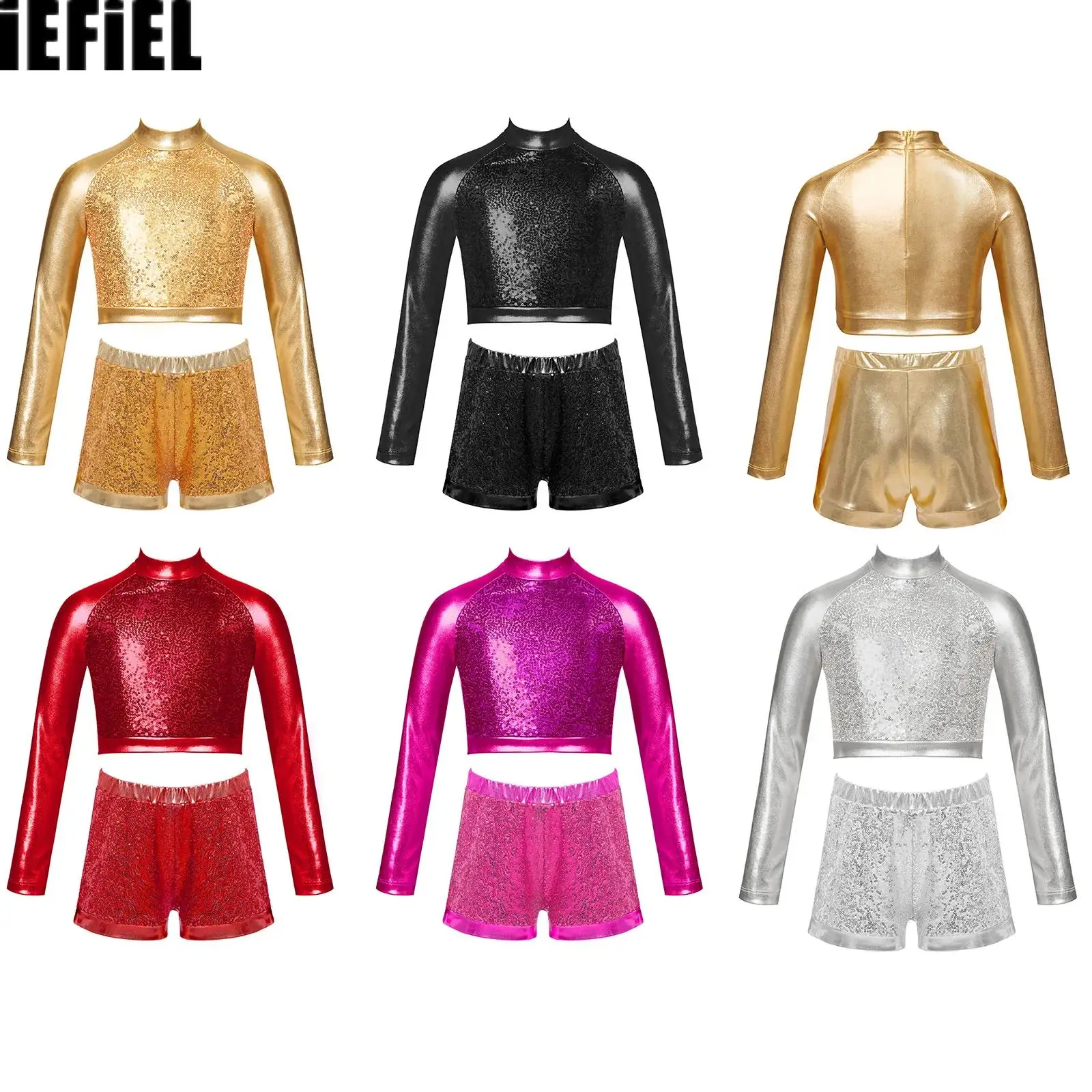 

Kids Girls Sequins Metallic Dance Outfit Mock Neck Long Sleeve Shiny Sequin Crop Top with Elastic Waistband Patchwork Shorts