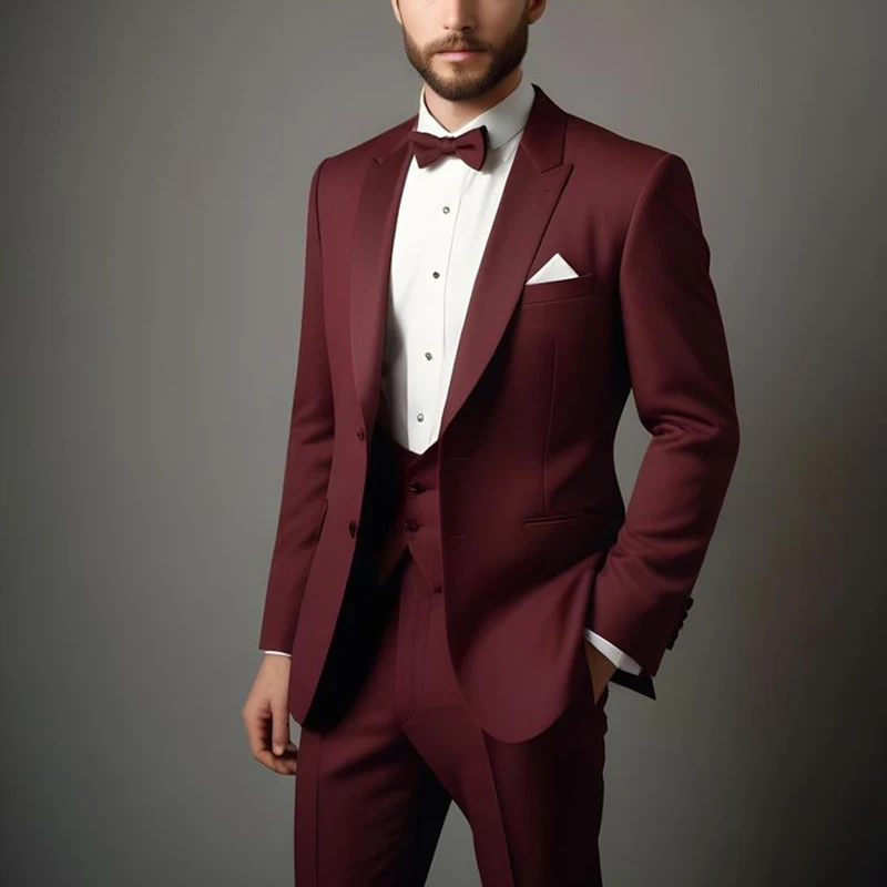 Luxury Red Men Suits Peak Lapel Single Breasted Regular Length Slim Fit 3 Piece Jakcet Pants Vest Male Clothing Blazer Terno