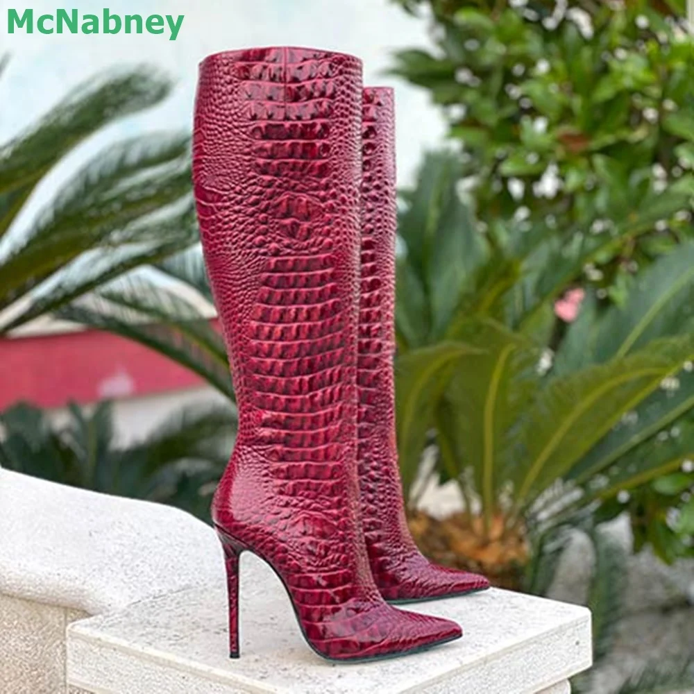 Solid Stone Pattern Pointed Toe Winter Boots For Female Women Thin High Heel Knee-high Slip-on Handmade Elegannt All-match Shoes