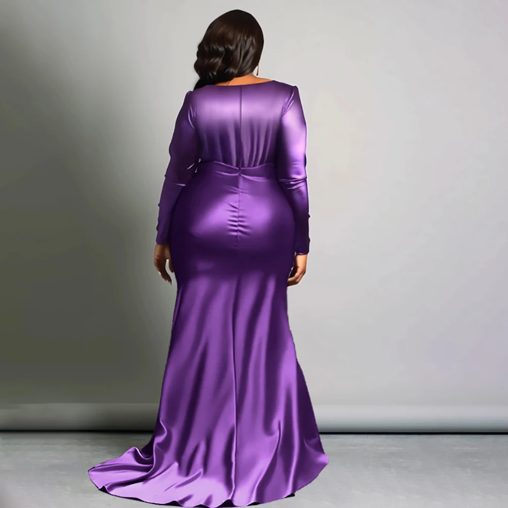 Abito da donna elegante taglie forti Solido scollo a V manica lunga vita alta abito da sera di lusso festa di nozze ospite abiti lunghi a coda di pesce