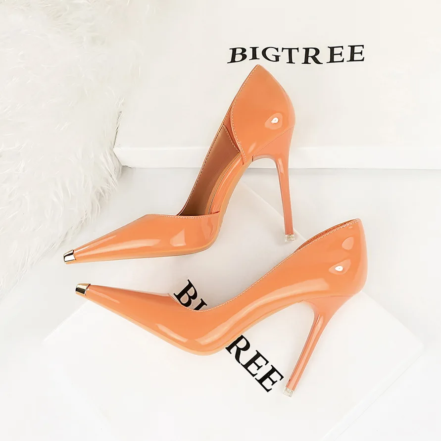 BIGTREE Shoes Black Patent Leather High Heels Metal Pointed Women Pumps Sexy Party Shoes Stilettos Women 7 Cm 10.5cm Heels