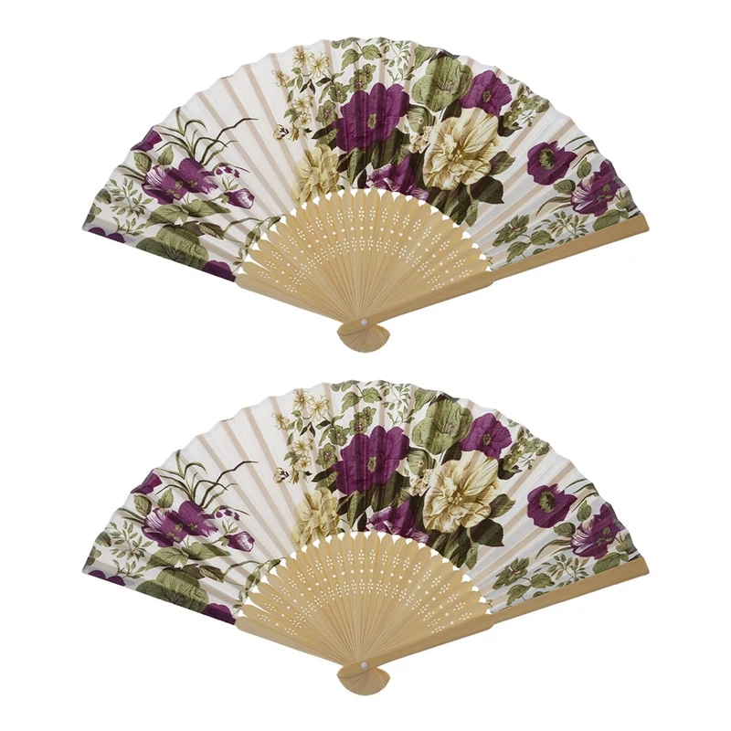 

2X Women's Summer Wedding Floral Pattern Fabric Folding Hand Fan White Purple