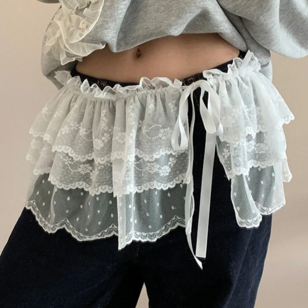 

Korean Fashion Lace Irregular Skirt Curtain White Flowers Lace Mesh Halfbody Skirt Women Summer Bottoms Jeans Decorative Hemline