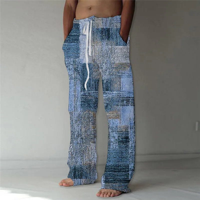 Men's Summer Vintage Plaid Casual Wide-leg Pants 3D Printed Hawaiian Baggy Beach Pants Fashion Wide-leg Pants