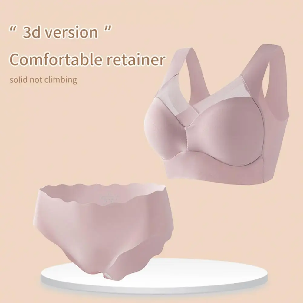 Conjunto de ropa interior de soporte completo, conjunto de ropa interior de seda helada sin costuras para mujer con sujetador push-up inalámbrico, bragas elásticas para mujer