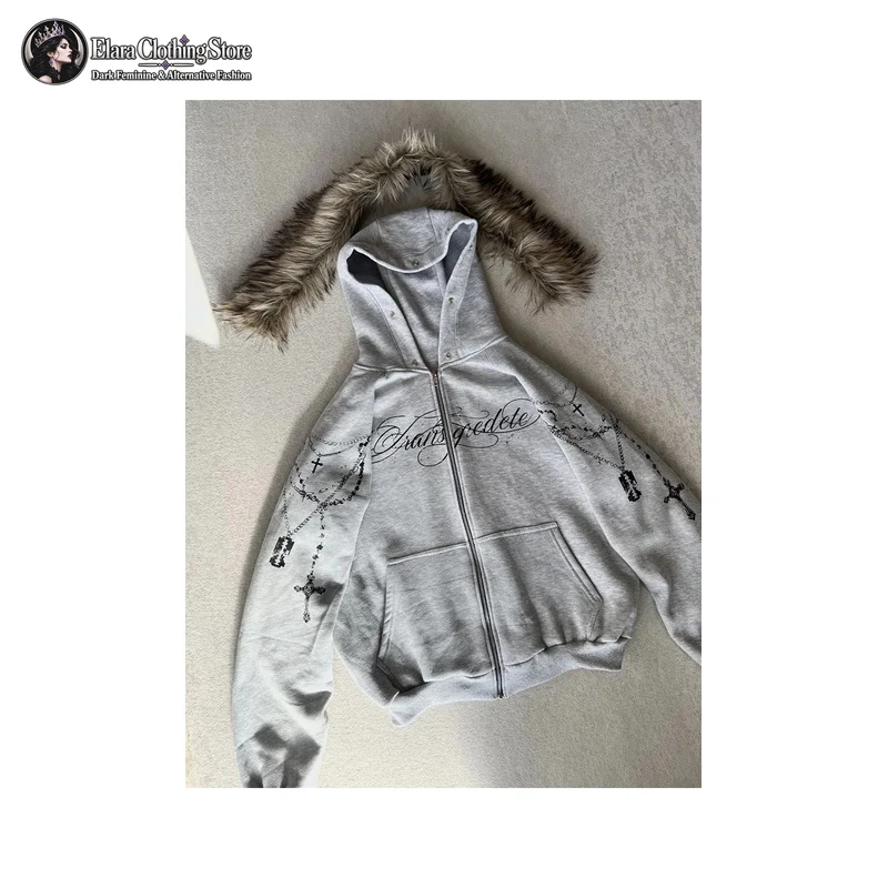 Gray Black Cross Graphic Long Sleeve Hooded Jacket Gothic Letter Print Fluffy Trim Ribbed Cuff Zip Front Womens Casual Hoodie