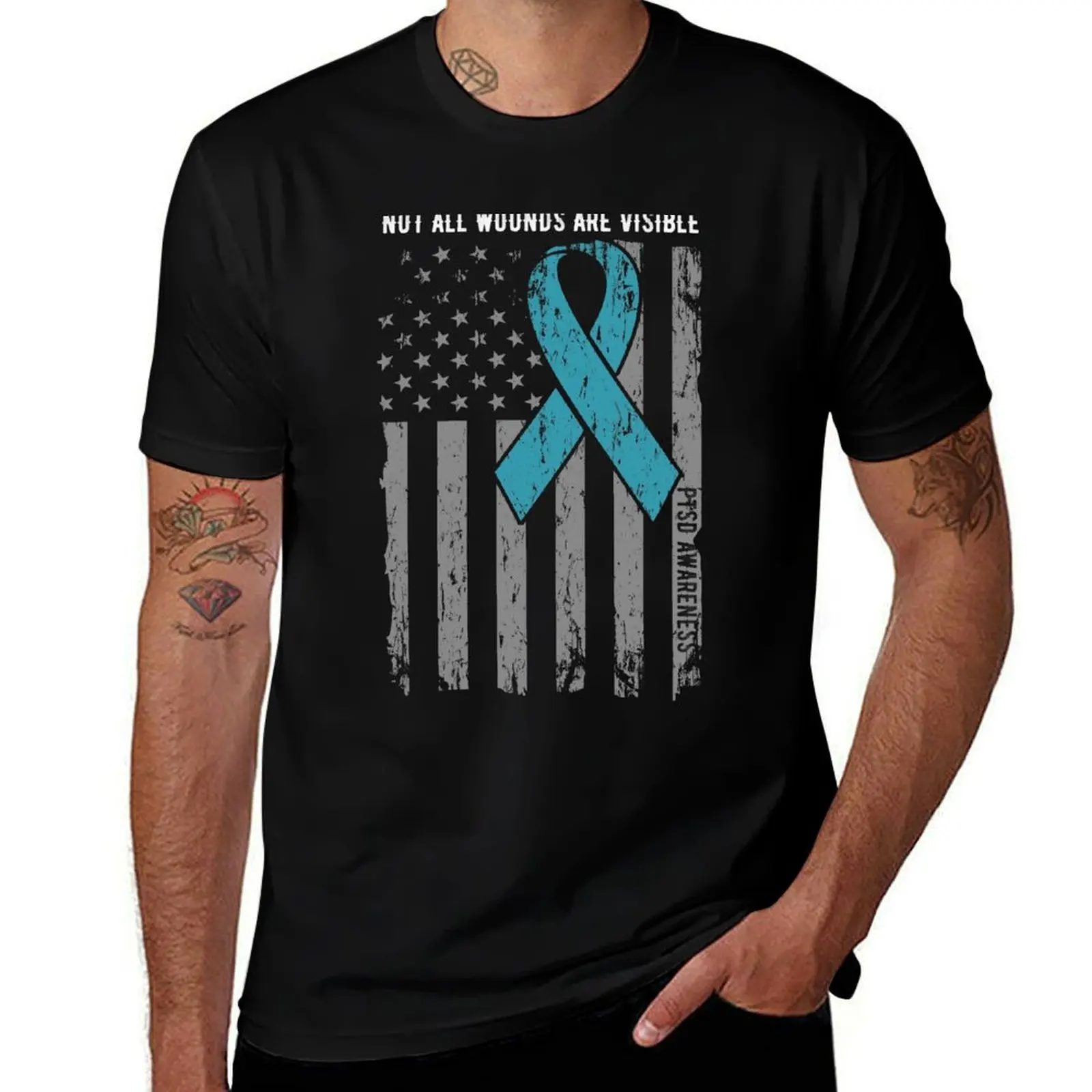 PTSD Awareness Not All Wounds Are Visible with American Flag and Tale Ribbon T-Shirt Classic Basic Casual T-Shirt