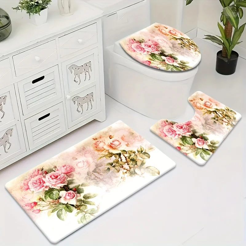 

Beautiful Flowers Luxury Bathroom 3Pcs/set Mat Home Warm Flannel Decoration and Accessories Floor Rug Toilet Cover 40*60/50*80CM