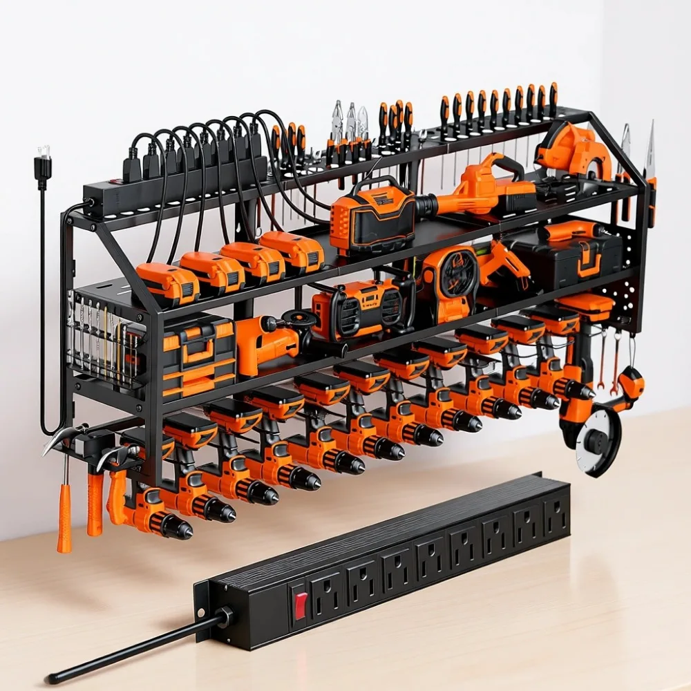 

Extra Large Wall Mount Tool Organizer with Charging Station 12 Drill Holders and 8 Outlet Power Strip Garage Storage