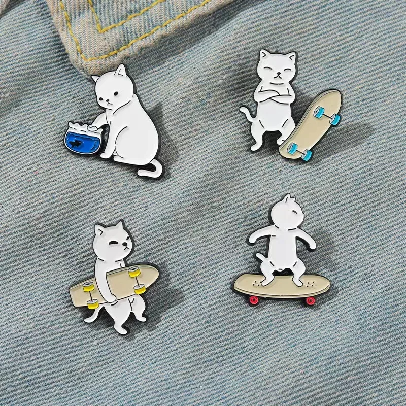 Cat with Skateboard Enamel Pin Cartoon Animal Funny Metal Lapel Badge Backpack Clothes Decoration Brooch Accessories Gift Friend