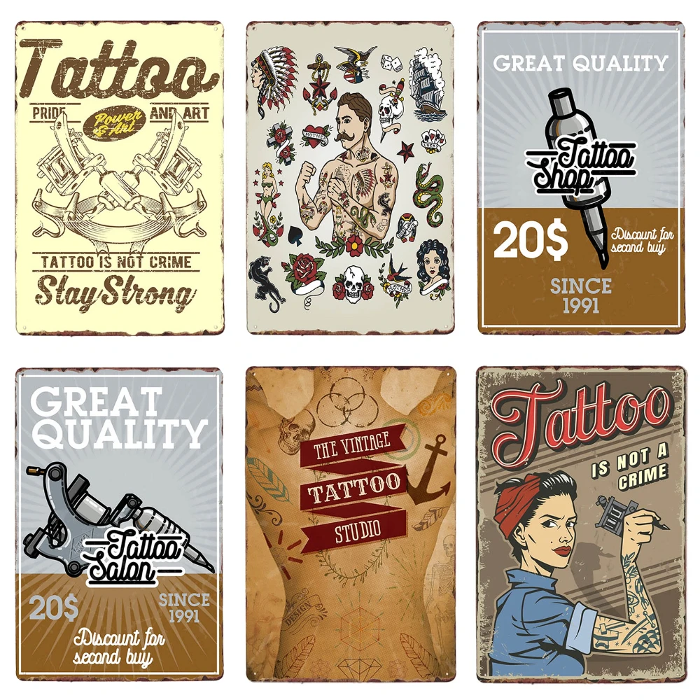 Classic Tattoo Studio Metal Tin Sign, Vintage Wall Art Painting Plaque, Tattoo Shop Antique Room Decor, Parlor Home Decor, WY86