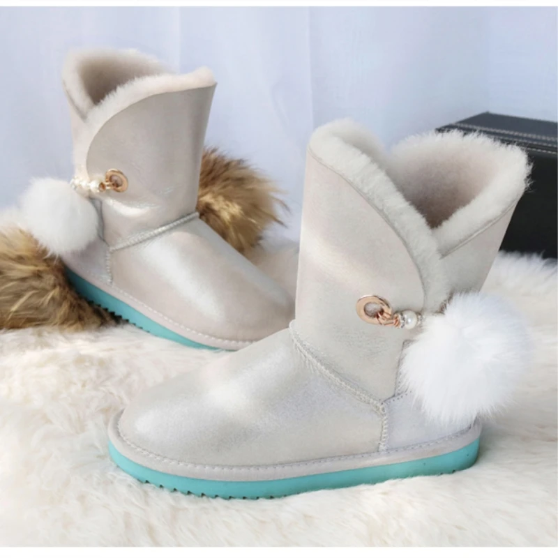 G&Zaco Genuine Sheepskin Boots Shoes Women Leather Wool Snow Boots Australia Mid-Calf Sweet Fox Fur Ball  Winter Women\'s Boot