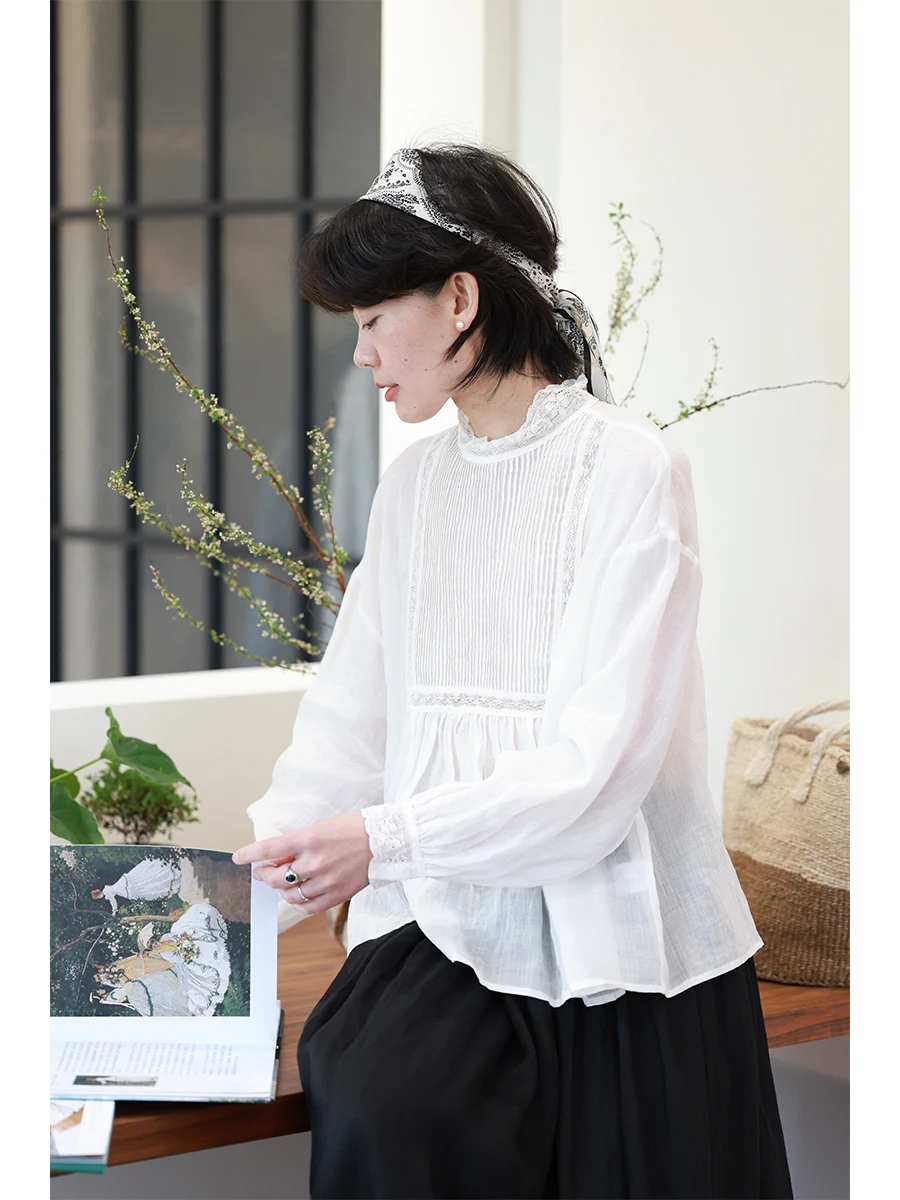 

French Style Loose Fit Long Sleeve Women's Shirt Breathable Lightweight Flax Lace Trim Comfortable Summer Top Holiday Wear