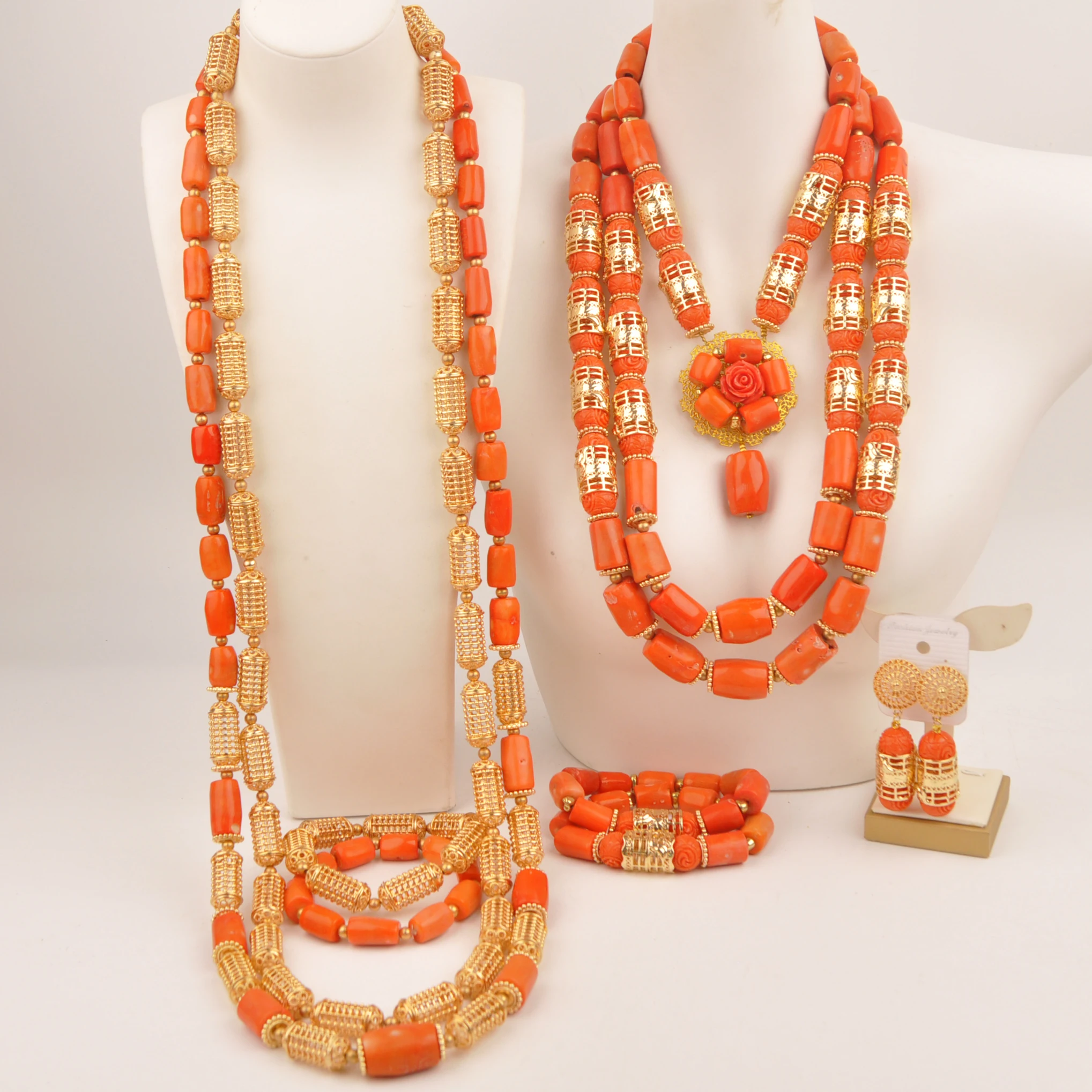 

Nigerian traditional wedding couple jewelry orange nature coral bead african jewelry set