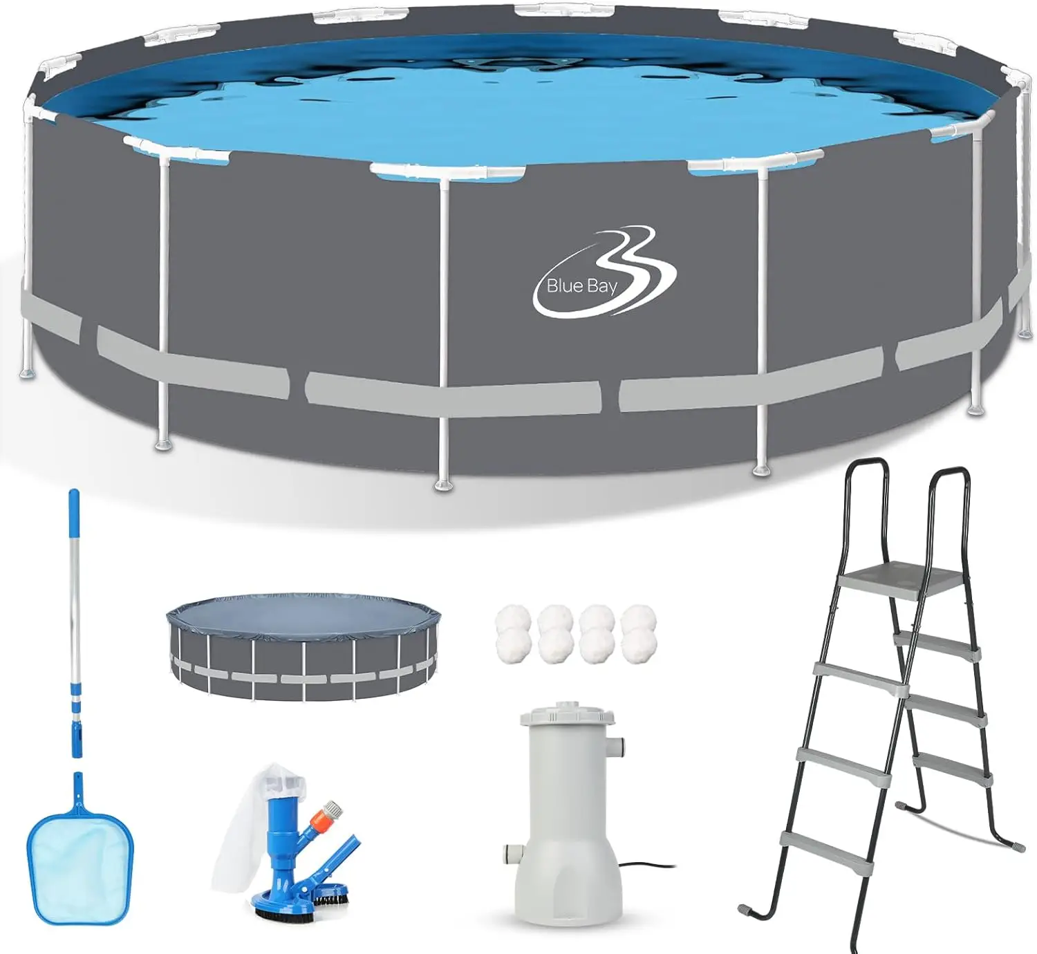 

BlueBay 18ft X 52in Frame Above Ground Swimming Pool Set 1545 GPH Filter Pump Cover Ladder Maintenance Kit Grey Round