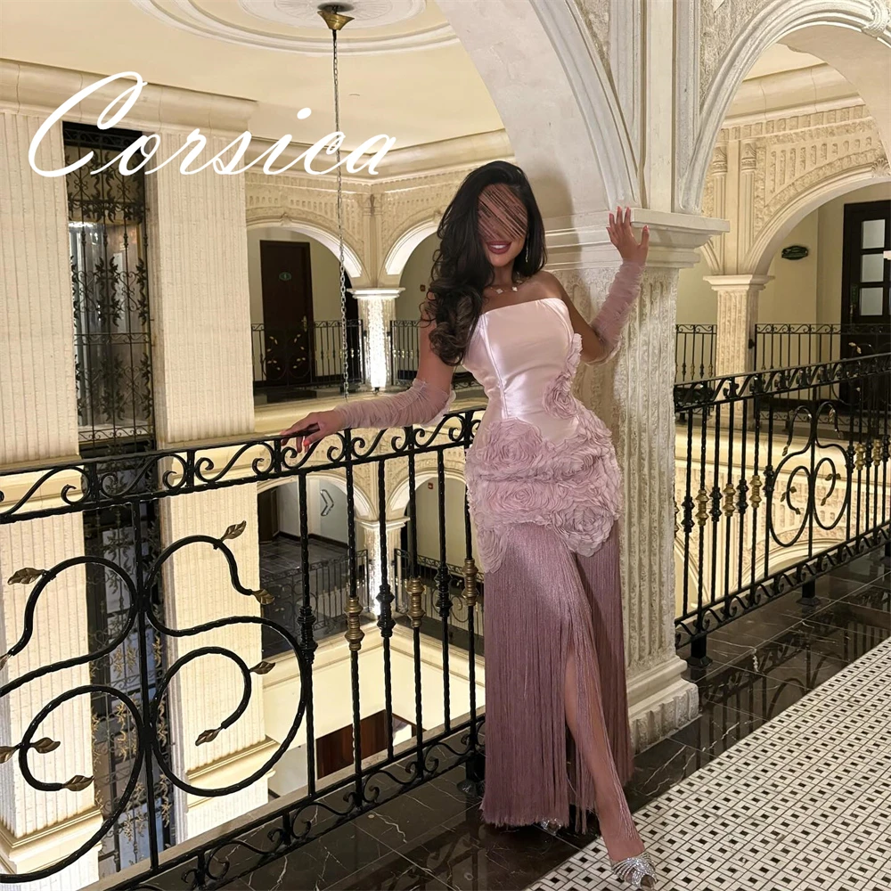 Sukienka wieczorowa z różowego satyny na zamówienie, klasyczna bez ramiączek, bez rękawów, sukienka na powrót do domu, luksusowa sukienka na studniówkę z kwiatami i frędzlami.