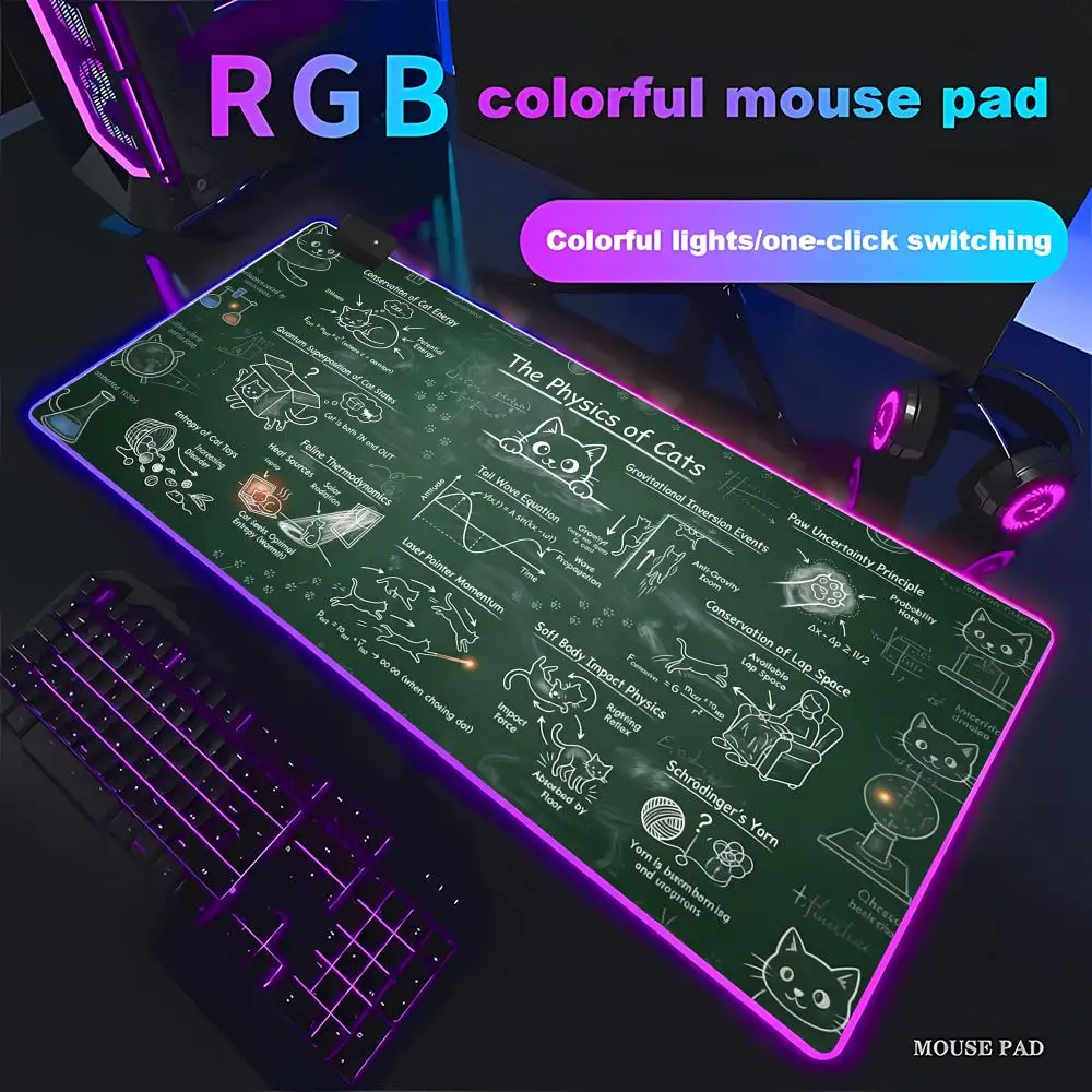 

Коврик для мыши HYBXAXC «Физика кошек» с RGB-подсветкой, игровой коврик для мыши HD, большой игровой коврик с LED-подсветкой XXL для ПК, нескользящий