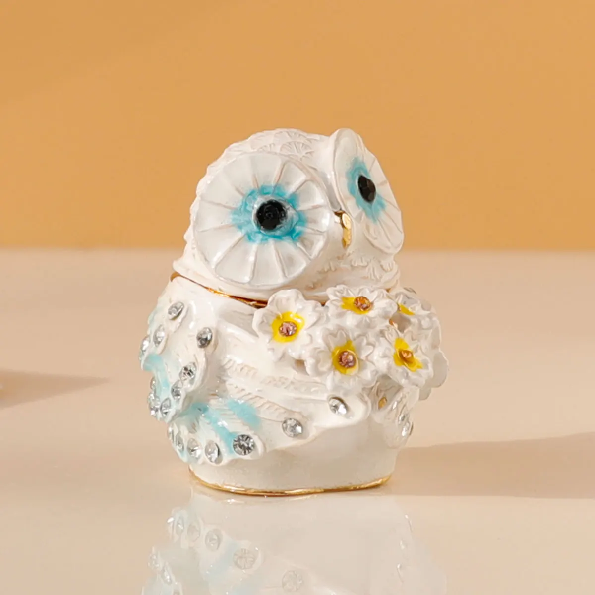 Cute Big Eyes Owl Holding Pink Bouquet Trinket Box with Hinged Classic Animal Ornaments Unique Gift for Family