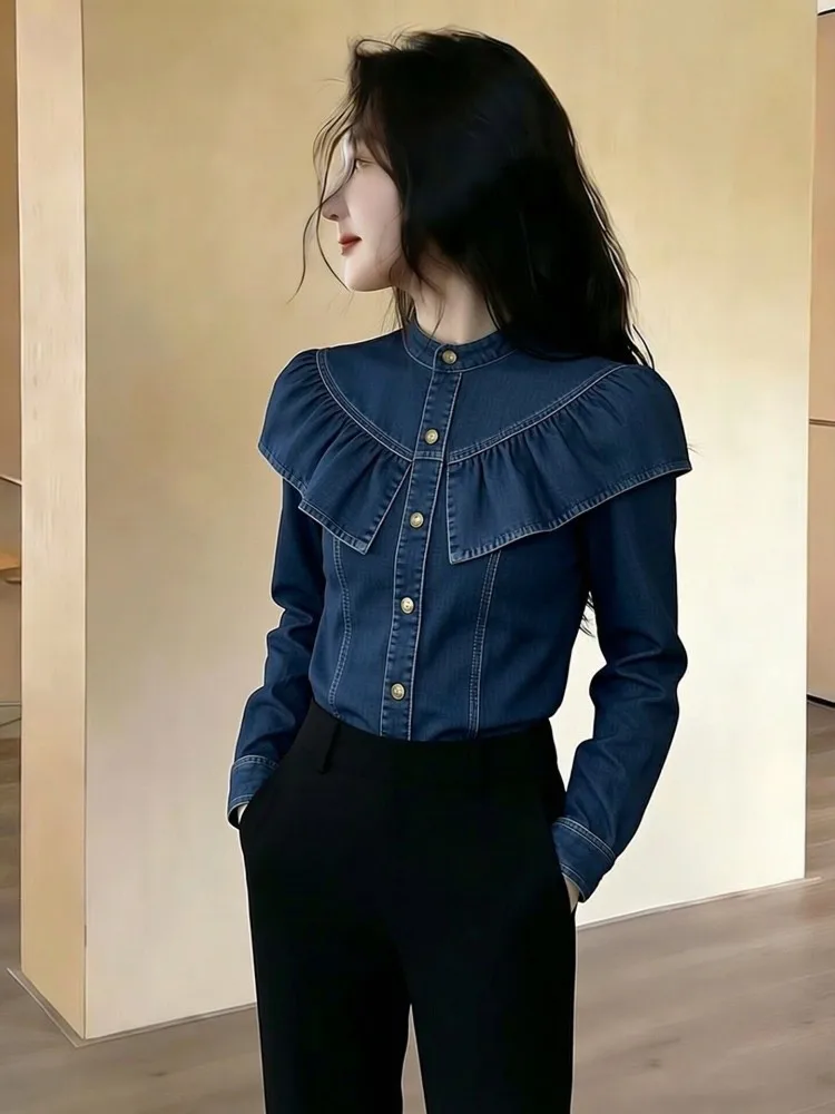 

Blue Denim Shirt Womens Design High-end Ruffled Top Long-sleeved Blouses Single-breasted Tops Blouse Femmes One-pieces